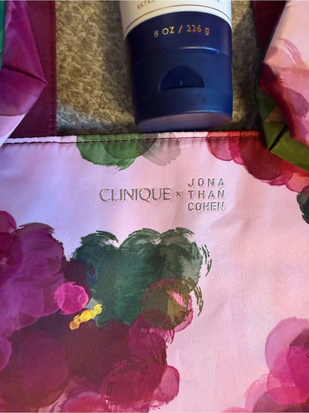 Clinique Pink Floral Tote with Burgundy Handles - Picture 2 of 10